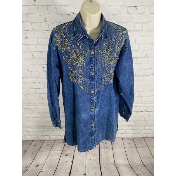 VTG Club Z Denim Long Sleeve Button Down Embroidered Beaded Denim Blouse Women S - Picture 1 of 14